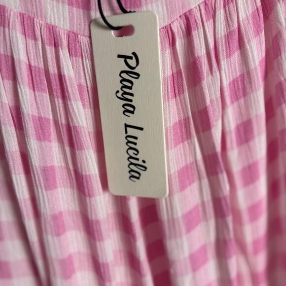 Playa Lucila Pink Check Gingham Empire Slit Maxi Slip Dress Picnic Preppy XS - Picture 5 of 9